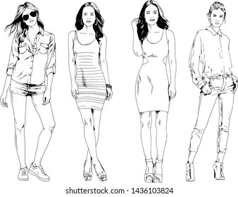 vector drawings on the theme of beautiful slim sporty girl in casual clothes in various poses painted ink hand sketch with no background