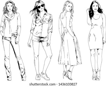 vector drawings on the theme of beautiful slim sporty girl in casual clothes in various poses painted ink hand sketch with no background