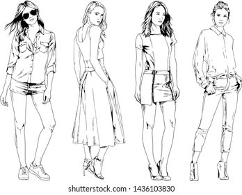 vector drawings on the theme of beautiful slim sporty girl in casual clothes in various poses painted ink hand sketch with no background
