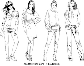 vector drawings on the theme of beautiful slim sporty girl in casual clothes in various poses painted ink hand sketch with no background
