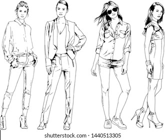 vector drawings on the theme of beautiful slim sporty girl in casual clothes in various poses painted ink hand sketch with no background
