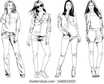 vector drawings on the theme of beautiful slim sporty girl in casual clothes in various poses painted ink hand sketch with no background
