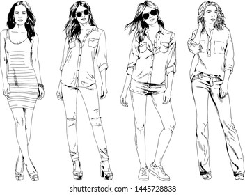 vector drawings on the theme of beautiful slim sporty girl in casual clothes in various poses painted ink hand sketch with no background