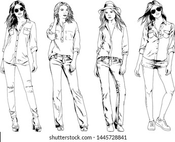 vector drawings on the theme of beautiful slim sporty girl in casual clothes in various poses painted ink hand sketch with no background