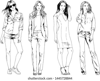vector drawings on the theme of beautiful slim sporty girl in casual clothes in various poses painted ink hand sketch with no background