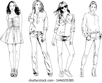 vector drawings on the theme of beautiful slim sporty girl in casual clothes in various poses painted ink hand sketch with no background