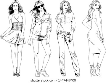 vector drawings on the theme of beautiful slim sporty girl in casual clothes in various poses painted ink hand sketch with no background