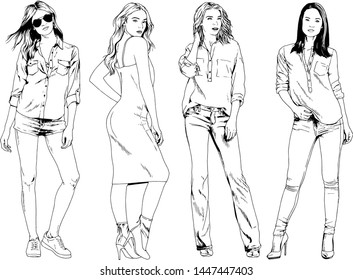 vector drawings on the theme of beautiful slim sporty girl in casual clothes in various poses painted ink hand sketch with no background
