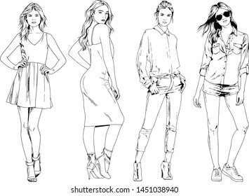 vector drawings on the theme of beautiful slim sporty girl in casual clothes in various poses painted ink hand sketch with no background