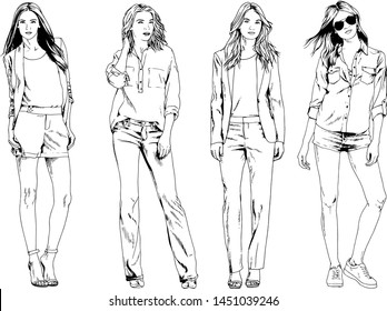 vector drawings on the theme of beautiful slim sporty girl in casual clothes in various poses painted ink hand sketch with no background