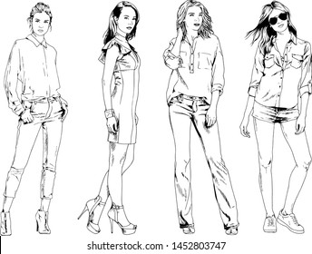vector drawings on the theme of beautiful slim sporty girl in casual clothes in various poses painted ink hand sketch with no background
