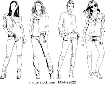 vector drawings on the theme of beautiful slim sporty girl in casual clothes in various poses painted ink hand sketch with no background