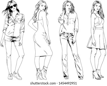 vector drawings on the theme of beautiful slim sporty girl in casual clothes in various poses painted ink hand sketch with no background
