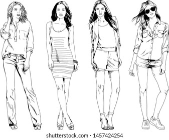 vector drawings on the theme of beautiful slim sporty girl in casual clothes in various poses painted ink hand sketch with no background