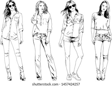 vector drawings on the theme of beautiful slim sporty girl in casual clothes in various poses painted ink hand sketch with no background