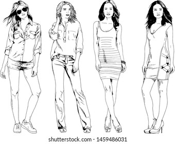 vector drawings on the theme of beautiful slim sporty girl in casual clothes in various poses painted ink hand sketch with no background