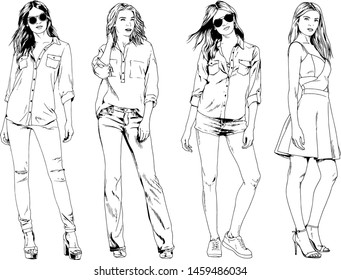 vector drawings on the theme of beautiful slim sporty girl in casual clothes in various poses painted ink hand sketch with no background
