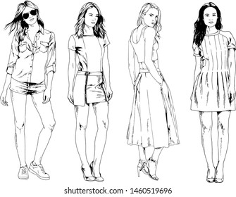 vector drawings on the theme of beautiful slim sporty girl in casual clothes in various poses painted ink hand sketch with no background