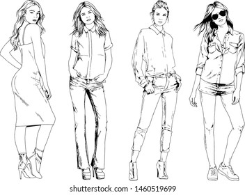 vector drawings on the theme of beautiful slim sporty girl in casual clothes in various poses painted ink hand sketch with no background