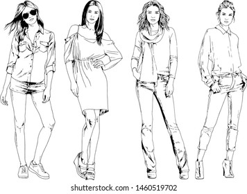 vector drawings on the theme of beautiful slim sporty girl in casual clothes in various poses painted ink hand sketch with no background
