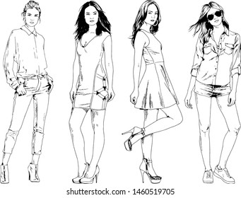 vector drawings on the theme of beautiful slim sporty girl in casual clothes in various poses painted ink hand sketch with no background