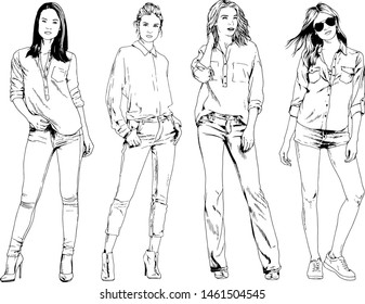 vector drawings on the theme of beautiful slim sporty girl in casual clothes in various poses painted ink hand sketch with no background