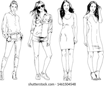 vector drawings on the theme of beautiful slim sporty girl in casual clothes in various poses painted ink hand sketch with no background