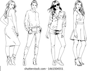 vector drawings on the theme of beautiful slim sporty girl in casual clothes in various poses painted ink hand sketch with no background