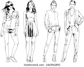 vector drawings on the theme of beautiful slim sporty girl in casual clothes in various poses painted ink hand sketch with no background