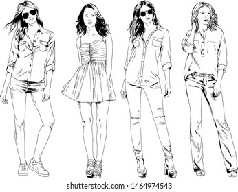 vector drawings on the theme of beautiful slim sporty girl in casual clothes in various poses painted ink hand sketch with no background