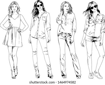 vector drawings on the theme of beautiful slim sporty girl in casual clothes in various poses painted ink hand sketch with no background