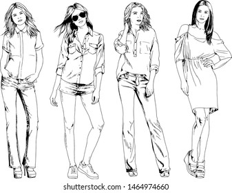 vector drawings on the theme of beautiful slim sporty girl in casual clothes in various poses painted ink hand sketch with no background