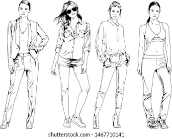 vector drawings on the theme of beautiful slim sporty girl in casual clothes in various poses painted ink hand sketch with no background