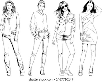 vector drawings on the theme of beautiful slim sporty girl in casual clothes in various poses painted ink hand sketch with no background