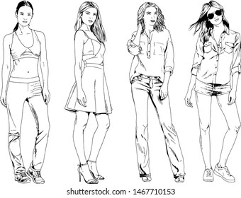 vector drawings on the theme of beautiful slim sporty girl in casual clothes in various poses painted ink hand sketch with no background