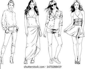 vector drawings on the theme of beautiful slim sporty girl in casual clothes in various poses painted ink hand sketch with no background