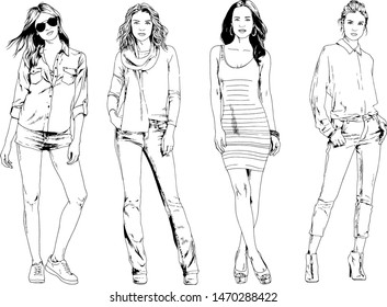 vector drawings on the theme of beautiful slim sporty girl in casual clothes in various poses painted ink hand sketch with no background
