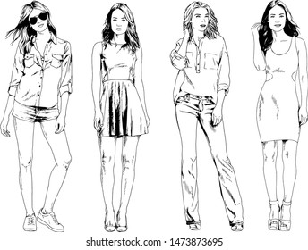 vector drawings on the theme of beautiful slim sporty girl in casual clothes in various poses painted ink hand sketch with no background