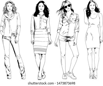 vector drawings on the theme of beautiful slim sporty girl in casual clothes in various poses painted ink hand sketch with no background