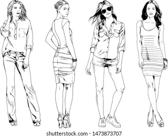 vector drawings on the theme of beautiful slim sporty girl in casual clothes in various poses painted ink hand sketch with no background