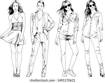 vector drawings on the theme of beautiful slim sporty girl in casual clothes in various poses painted ink hand sketch with no background