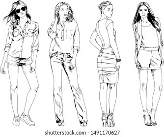 vector drawings on the theme of beautiful slim sporty girl in casual clothes in various poses painted ink hand sketch with no background