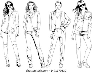 vector drawings on the theme of beautiful slim sporty girl in casual clothes in various poses painted ink hand sketch with no background