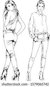 vector drawings on the theme of beautiful slim sporty girl in casual clothes in various poses painted ink hand sketch with no background