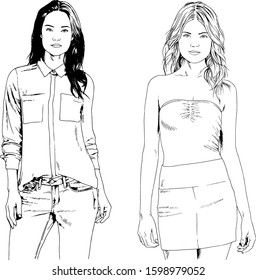 vector drawings on the theme of beautiful slim sporty girl in casual clothes in various poses painted ink hand sketch with no background