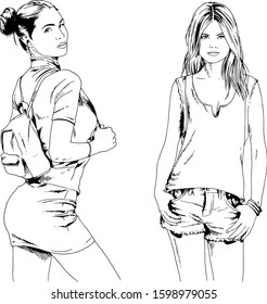 vector drawings on the theme of beautiful slim sporty girl in casual clothes in various poses painted ink hand sketch with no background