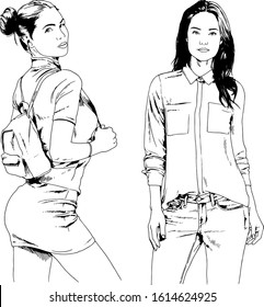 vector drawings on the theme of beautiful slim sporty girl in casual clothes in various poses painted ink hand sketch with no background