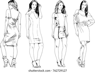 vector drawings on the theme of beautiful slim sporty girl in casual clothes in various poses painted ink hand sketch with no background