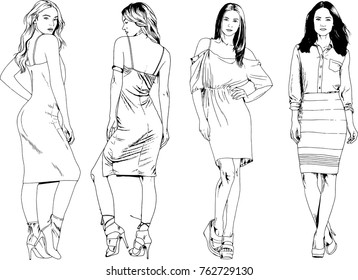 vector drawings on the theme of beautiful slim sporty girl in casual clothes in various poses painted ink hand sketch with no background