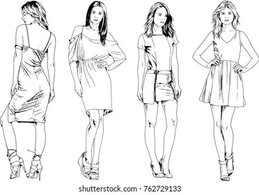 vector drawings on the theme of beautiful slim sporty girl in casual clothes in various poses painted ink hand sketch with no background